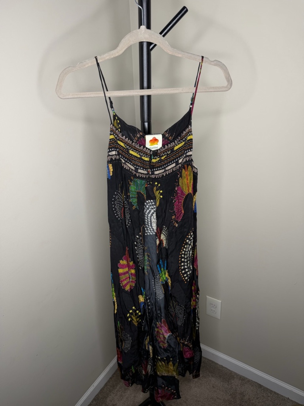 Farm Rio Silky Black Multicolor Abstract Maxi Duster Tunic Tank Top Size XS
